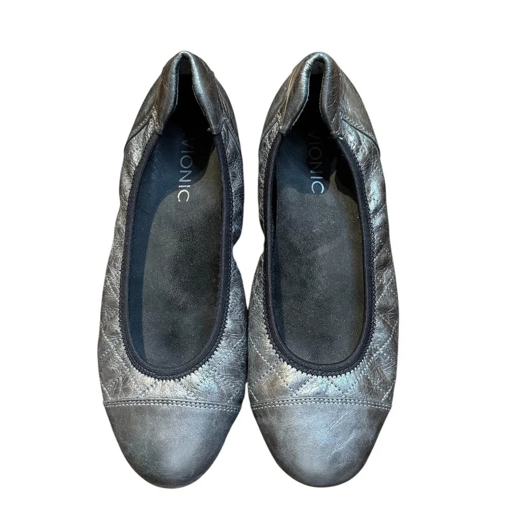 Vionic Shoes Womens‎ Size 8 Silver Leather Ballet Flats Quilted Comfort Slip On